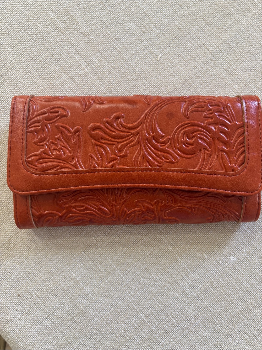 Embossed Leather Fold-Over Wallet - Rust